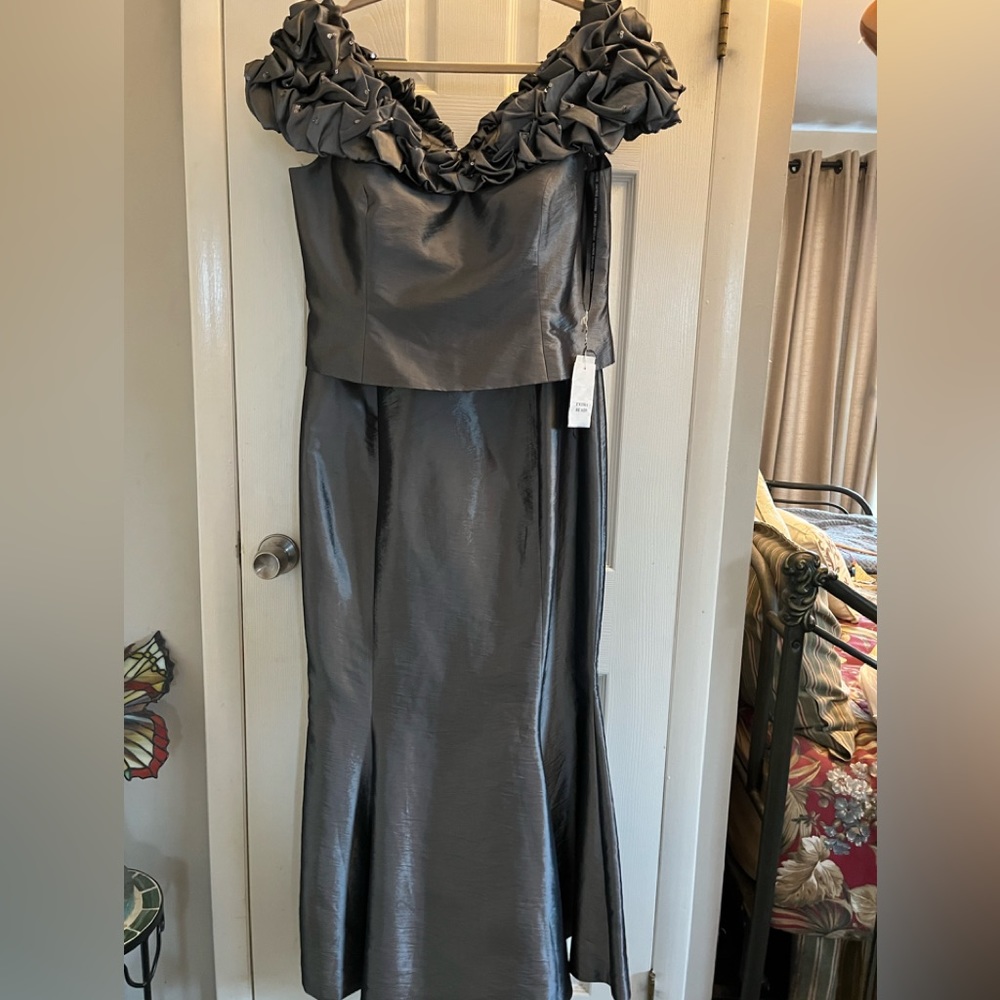 Damor Couture silver off the shoulder gown